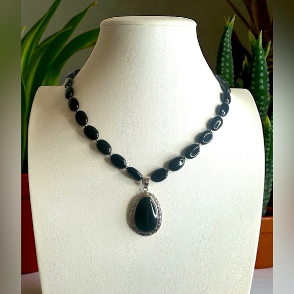 Onyx Beaded Necklace w/ Large Black Stone Pendant, Sterling Silver - Picture 1 of 5
